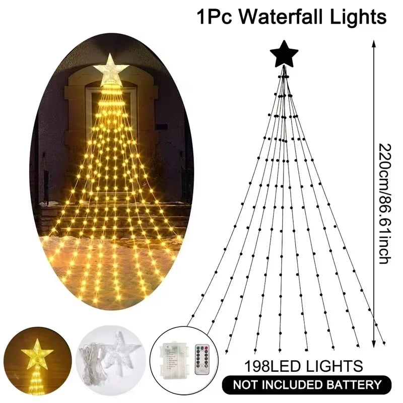 Christmas Waterfall Fairy String Lights with Topper Star, Christmas Tree Decorations for Home 2024 Navidad Natal New Year 2025