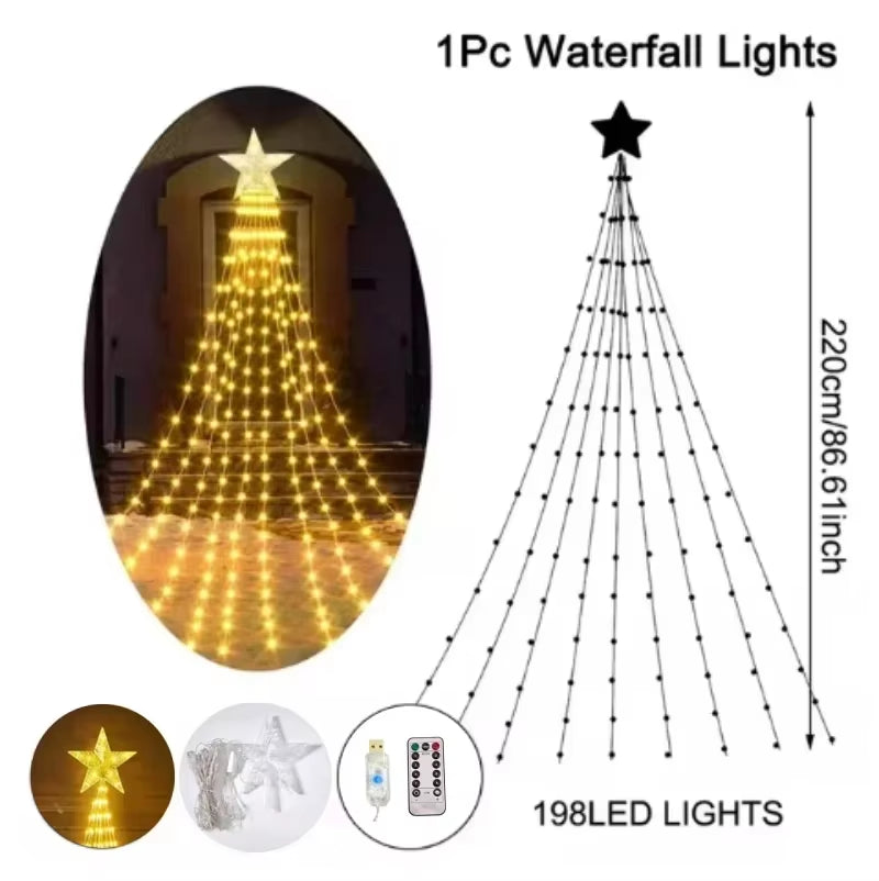 Christmas Waterfall Fairy String Lights with Topper Star, Christmas Tree Decorations for Home 2024 Navidad Natal New Year 2025