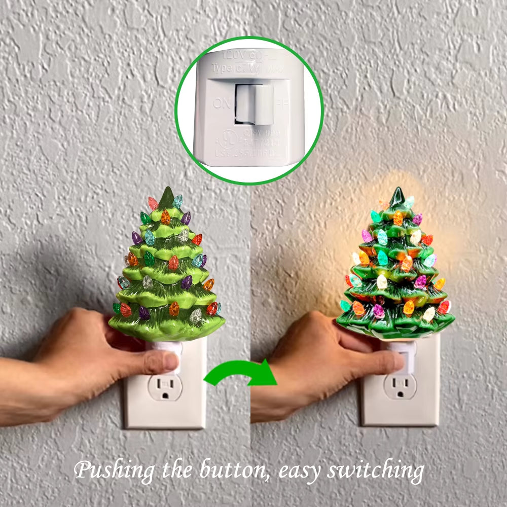 Ceramic Christmas Tree Night Light, Vintage Green Christmas Tree Wall Plug in Night Light, Hand Painted Eramic Nightlight