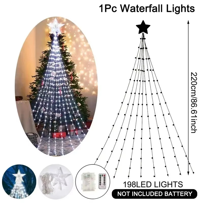 Christmas Waterfall Fairy String Lights with Topper Star, Christmas Tree Decorations for Home 2024 Navidad Natal New Year 2025