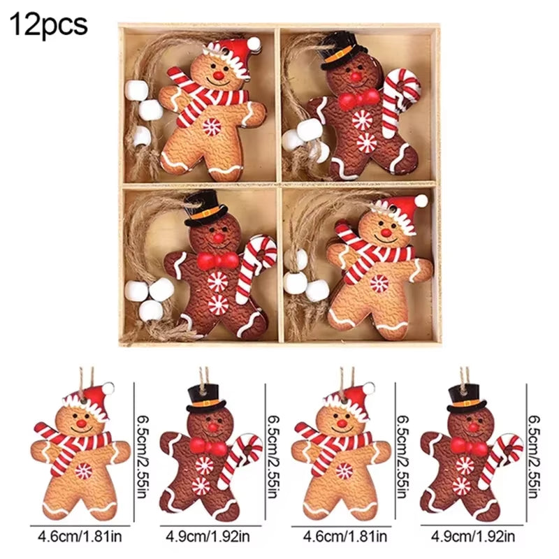 12PCS Christmas Decorations Christmas Wooden Pendants Gingerbread Man Gnomes Xmas Tree Hanging Oranment 2024 for Gift Supplies