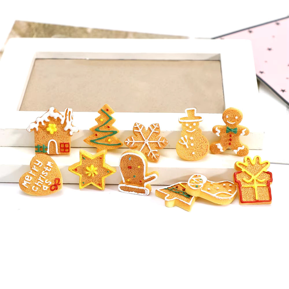 10Pcs Christmas Theme Flatback Mixed Shaped Biscuit,Mini Fake Cookies for X'Mas Hoildays DIY Home Party Cake Decoration