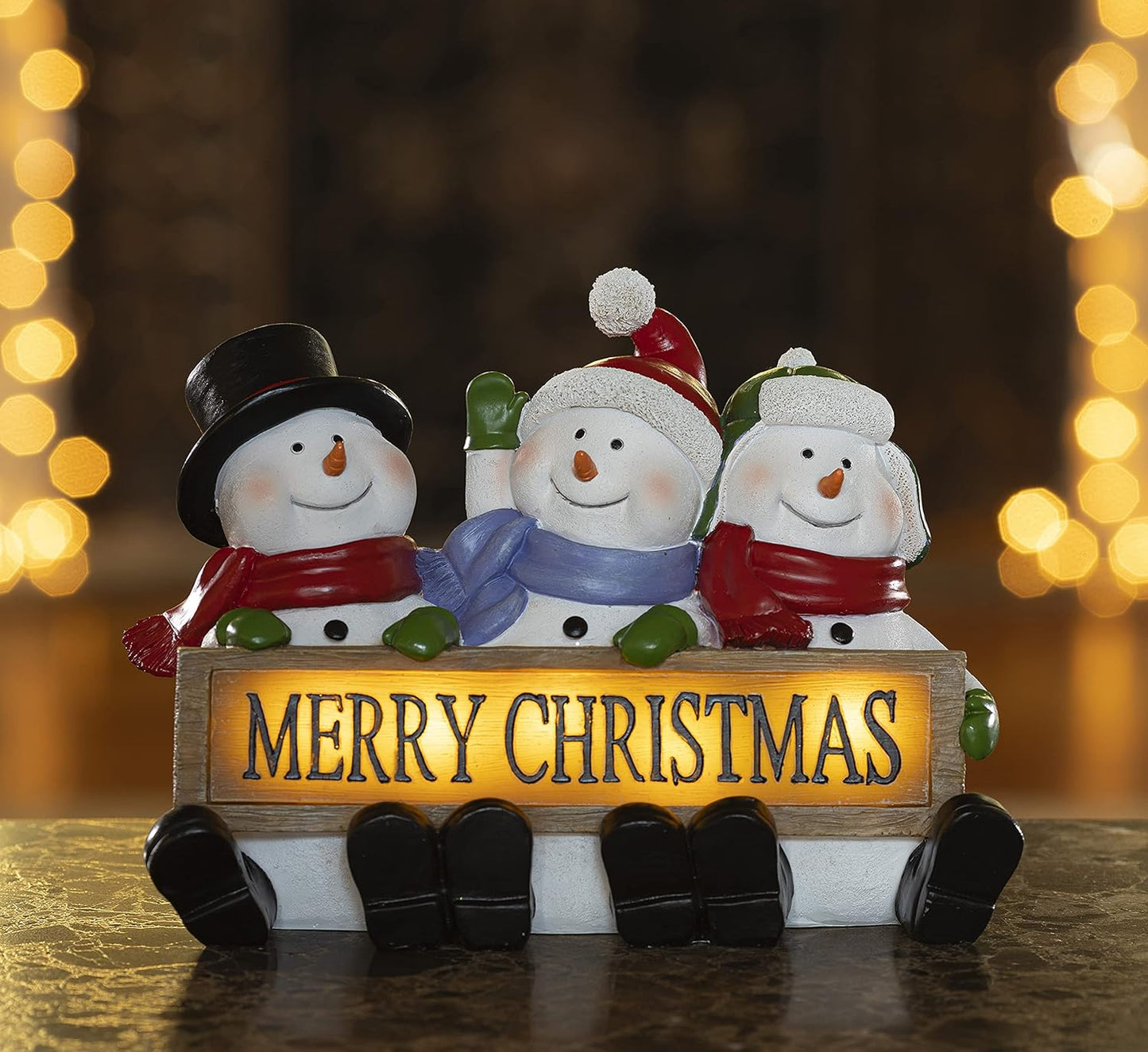 Glowing Merry Christmas Sign Trio LED Snowman Decor Christmas Figurines Resin Lighted Snowman Decorations Holiday Light up Snowman Indoor Festive Fiber Optic Decorations