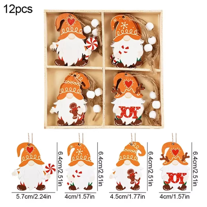 12PCS Christmas Decorations Christmas Wooden Pendants Gingerbread Man Gnomes Xmas Tree Hanging Oranment 2024 for Gift Supplies