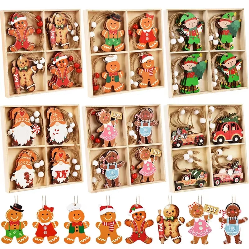 12PCS Christmas Decorations Christmas Wooden Pendants Gingerbread Man Gnomes Xmas Tree Hanging Oranment 2024 for Gift Supplies