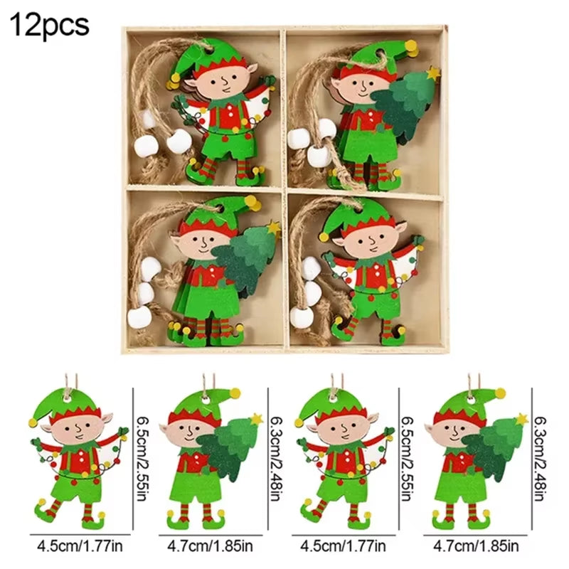 12PCS Christmas Decorations Christmas Wooden Pendants Gingerbread Man Gnomes Xmas Tree Hanging Oranment 2024 for Gift Supplies