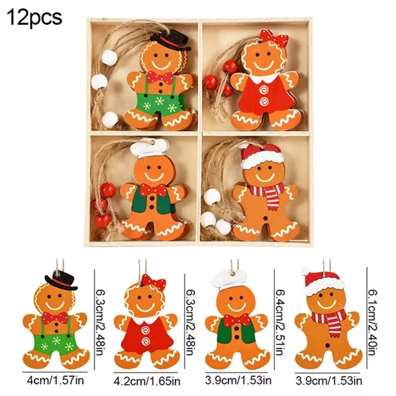 12PCS Christmas Decorations Christmas Wooden Pendants Gingerbread Man Gnomes Xmas Tree Hanging Oranment 2024 for Gift Supplies