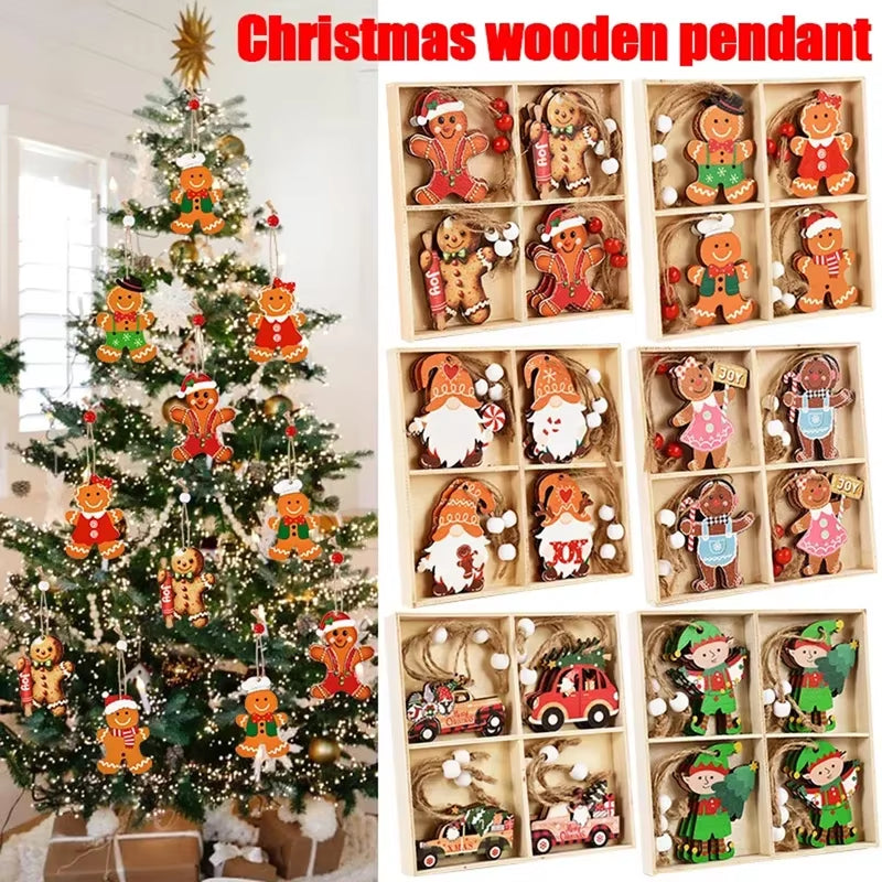 12PCS Christmas Decorations Christmas Wooden Pendants Gingerbread Man Gnomes Xmas Tree Hanging Oranment 2024 for Gift Supplies