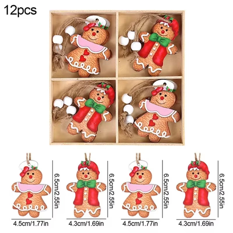 12PCS Christmas Decorations Christmas Wooden Pendants Gingerbread Man Gnomes Xmas Tree Hanging Oranment 2024 for Gift Supplies