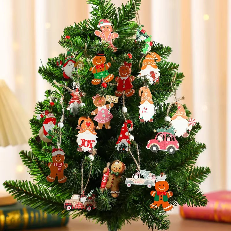 12PCS Christmas Decorations Christmas Wooden Pendants Gingerbread Man Gnomes Xmas Tree Hanging Oranment 2024 for Gift Supplies