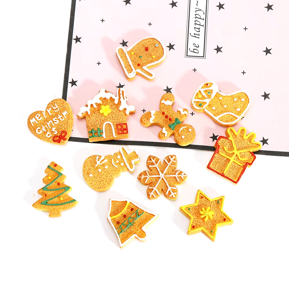 10Pcs Christmas Theme Flatback Mixed Shaped Biscuit,Mini Fake Cookies for X'Mas Hoildays DIY Home Party Cake Decoration