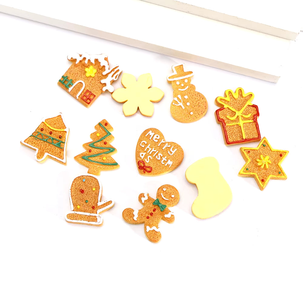 10Pcs Christmas Theme Flatback Mixed Shaped Biscuit,Mini Fake Cookies for X'Mas Hoildays DIY Home Party Cake Decoration