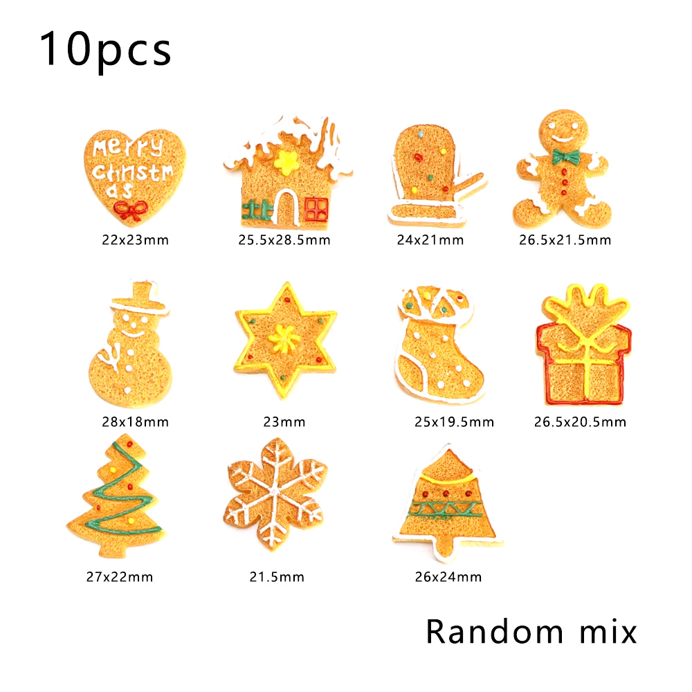 10Pcs Christmas Theme Flatback Mixed Shaped Biscuit,Mini Fake Cookies for X'Mas Hoildays DIY Home Party Cake Decoration