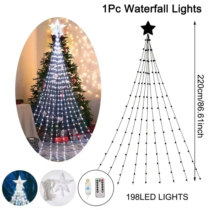 Christmas Waterfall Fairy String Lights with Topper Star, Christmas Tree Decorations for Home 2024 Navidad Natal New Year 2025