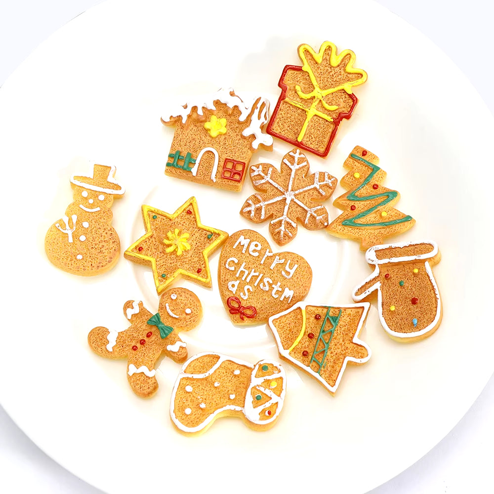 10Pcs Christmas Theme Flatback Mixed Shaped Biscuit,Mini Fake Cookies for X'Mas Hoildays DIY Home Party Cake Decoration