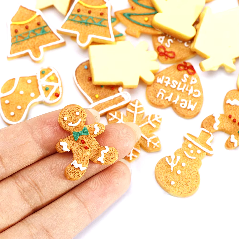 10Pcs Christmas Theme Flatback Mixed Shaped Biscuit,Mini Fake Cookies for X'Mas Hoildays DIY Home Party Cake Decoration