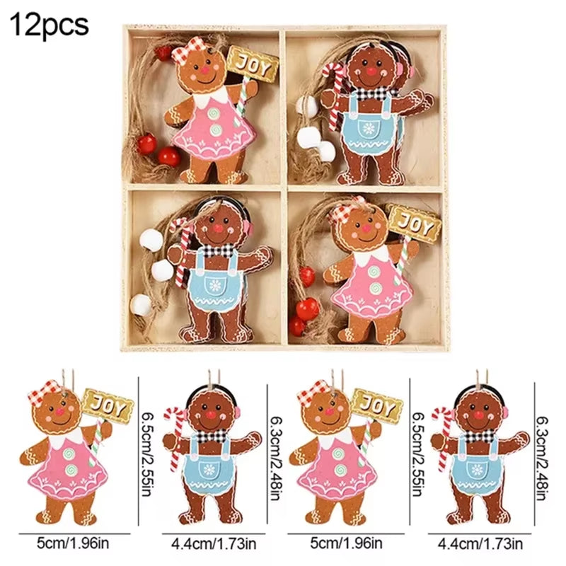 12PCS Christmas Decorations Christmas Wooden Pendants Gingerbread Man Gnomes Xmas Tree Hanging Oranment 2024 for Gift Supplies