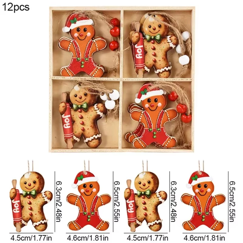 12PCS Christmas Decorations Christmas Wooden Pendants Gingerbread Man Gnomes Xmas Tree Hanging Oranment 2024 for Gift Supplies